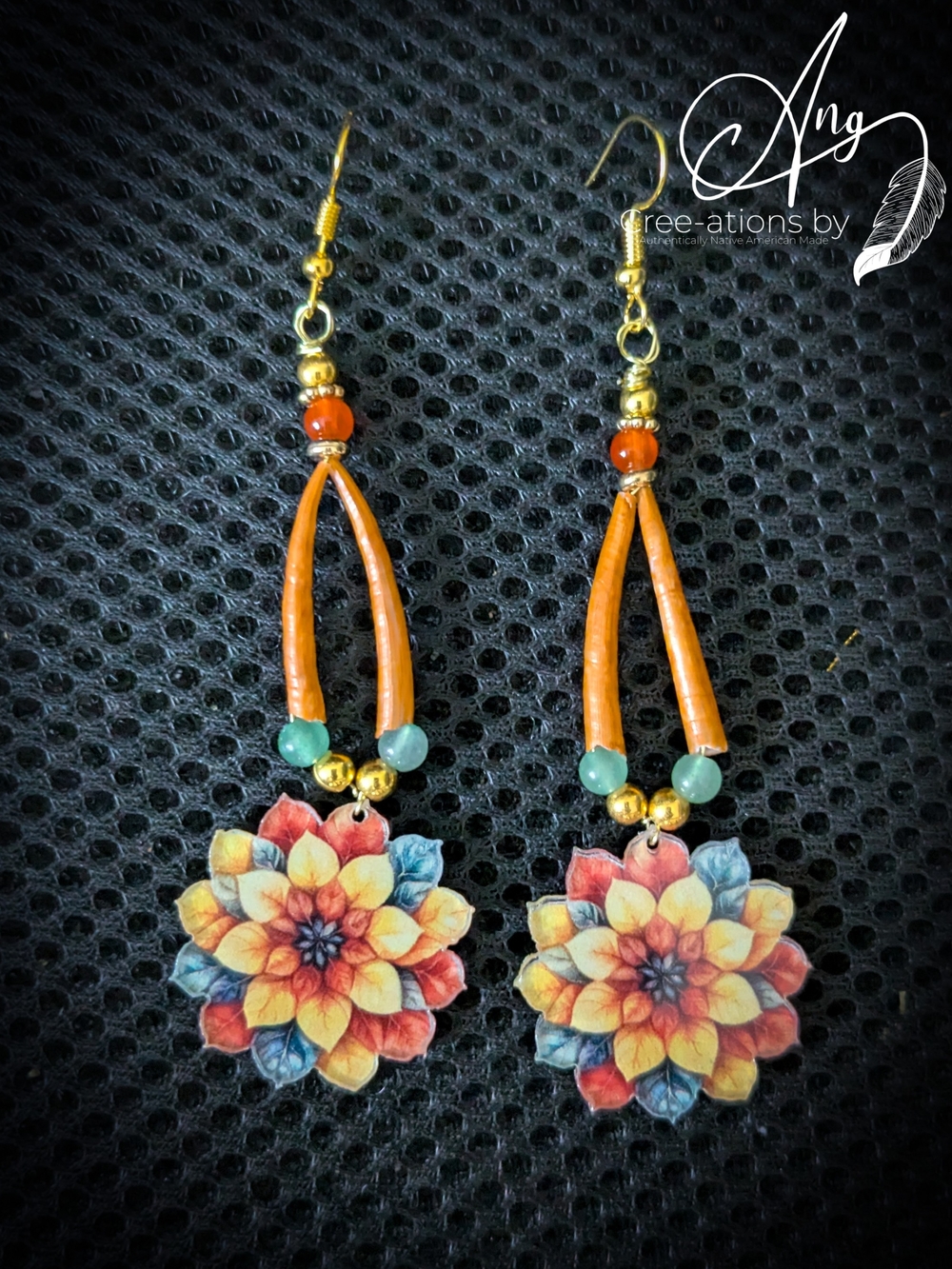 Indigenous Rust Orange Sunflower Autumn Color Dentalium Shell Earrings